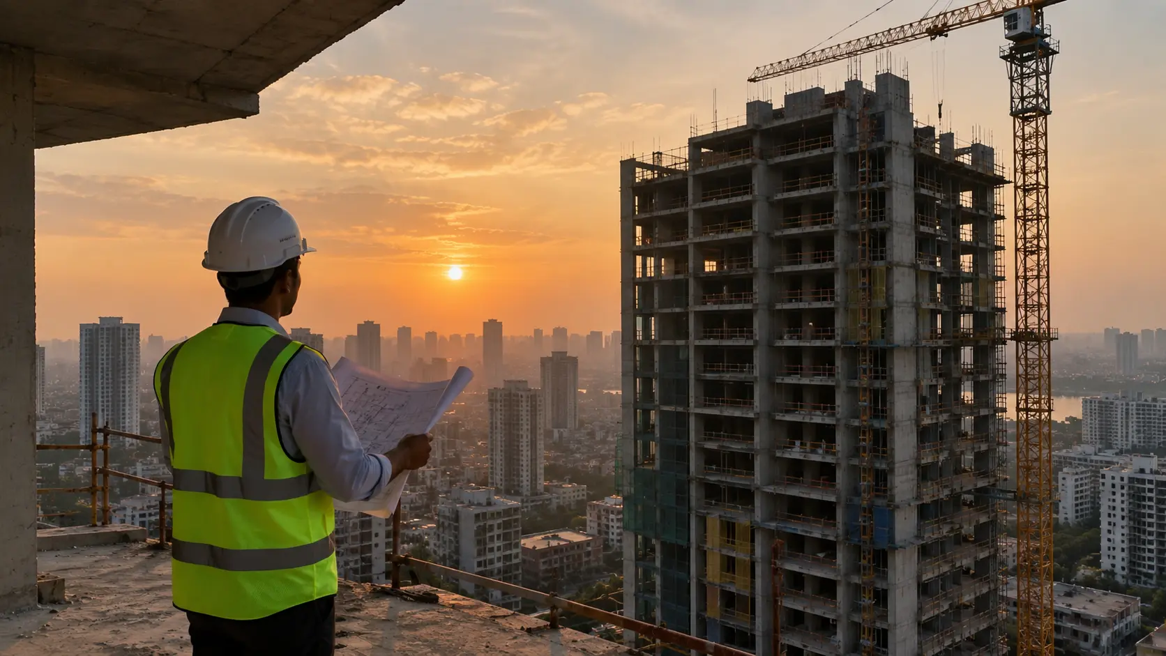 Engineer inspecting high-rise structure